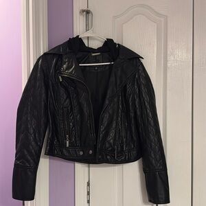 Leather zip up jacket with hood